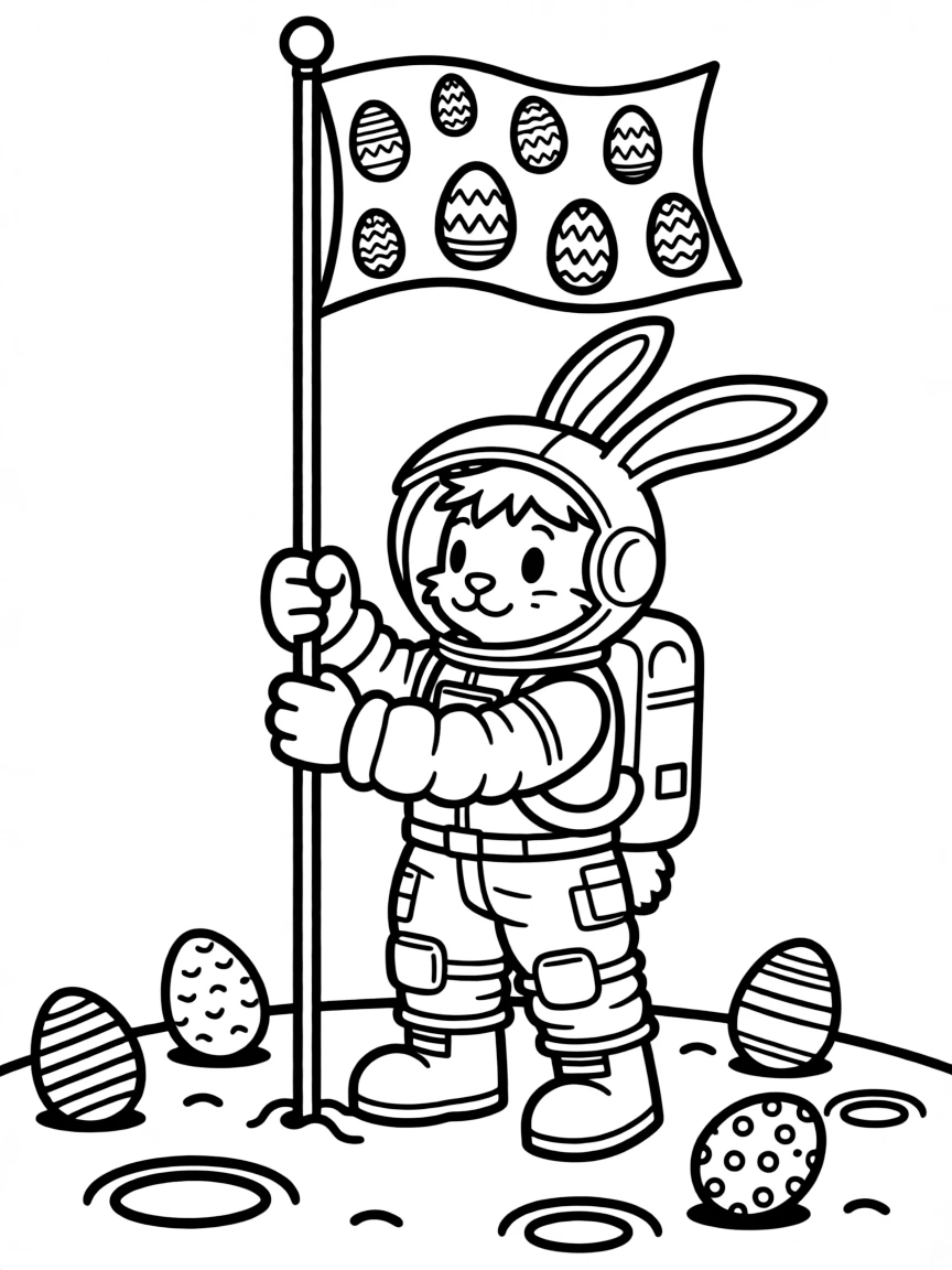 A bunny wearing a spacesuit on the moon planting a flag with Easter eggs