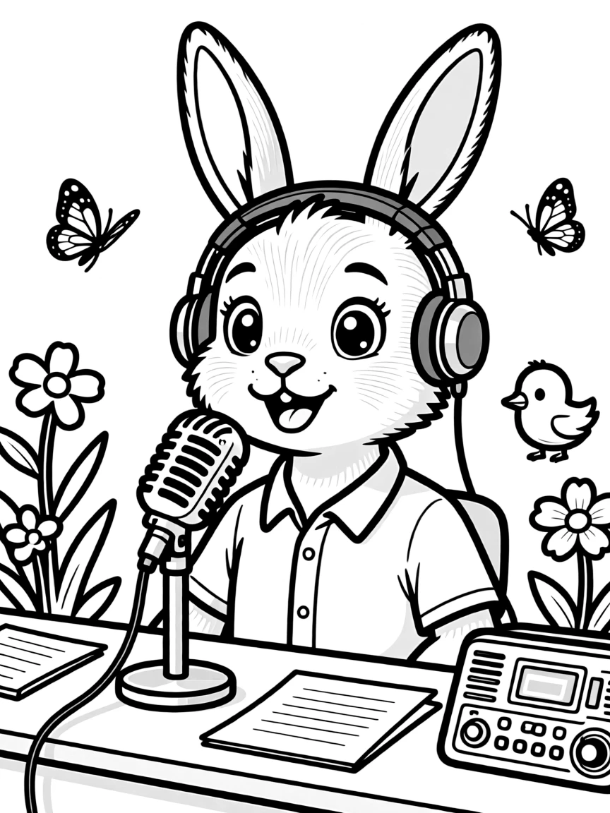 A bunny radio host announcing the first day of spring
