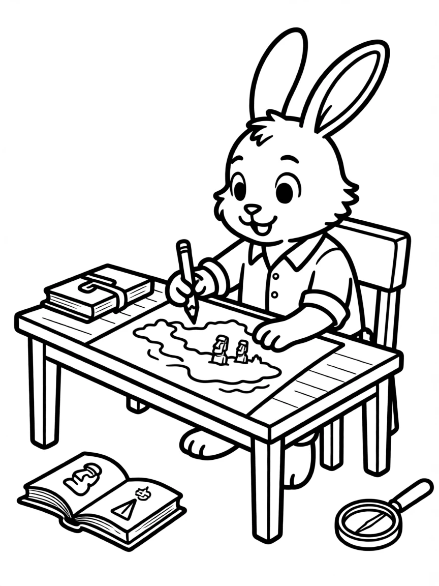 A bunny cartographer drawing a map of Easter Island