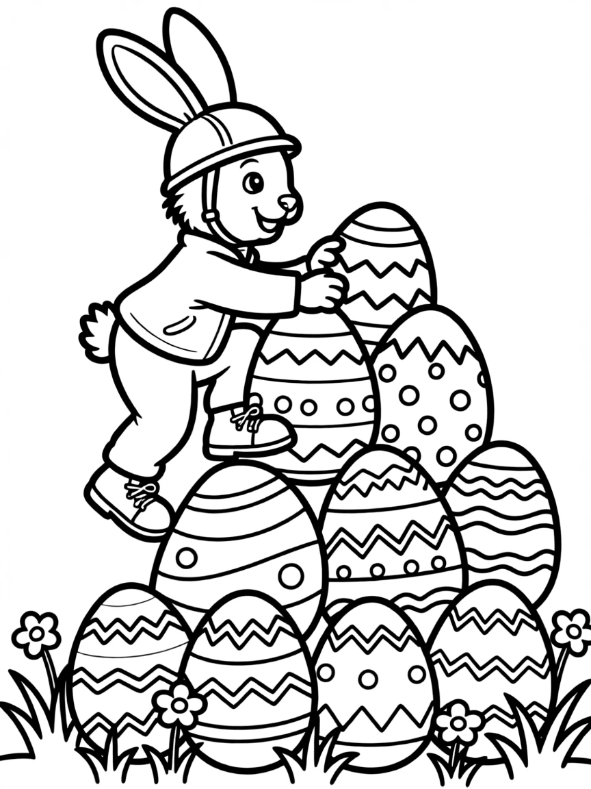 A bunny mountain climber scaling a mountain of Easter eggs
