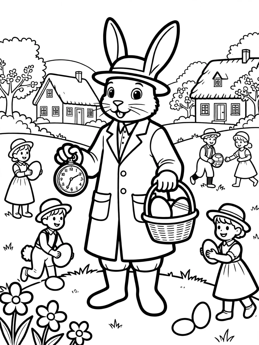 A bunny time traveler visiting Easter celebrations from the past