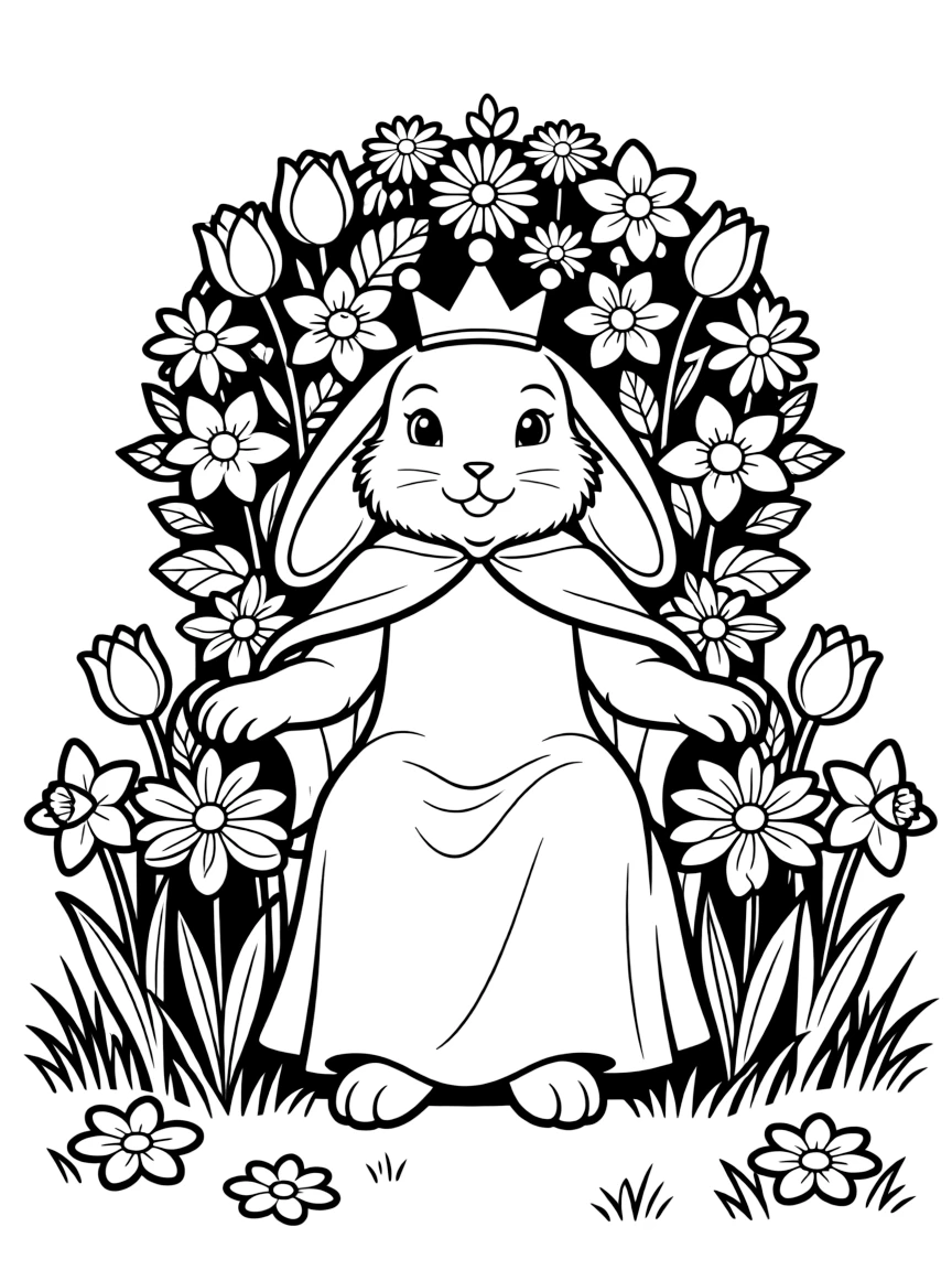 A bunny king or queen on a throne made of spring flowers