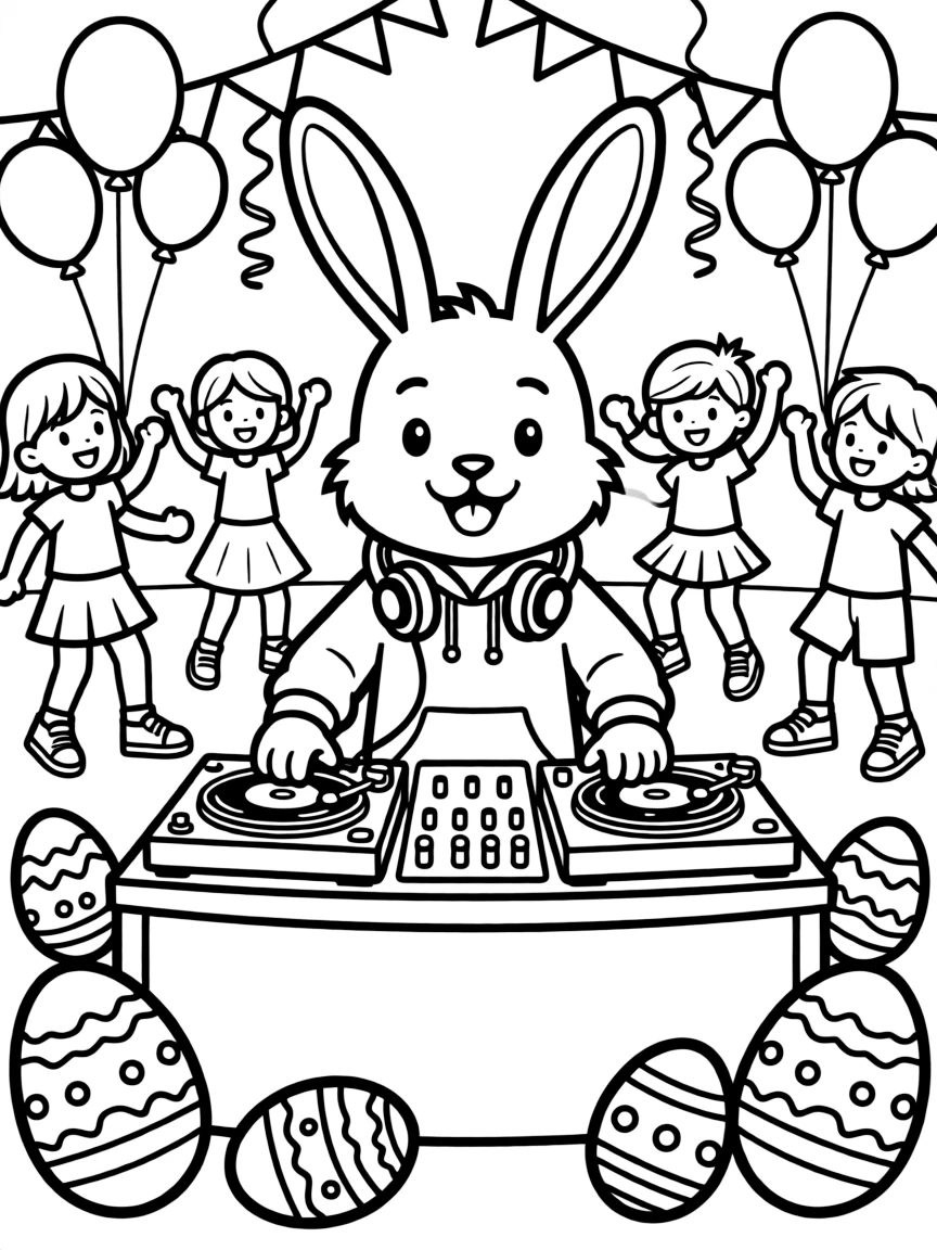 A bunny disc jockey playing music for an Easter dance party