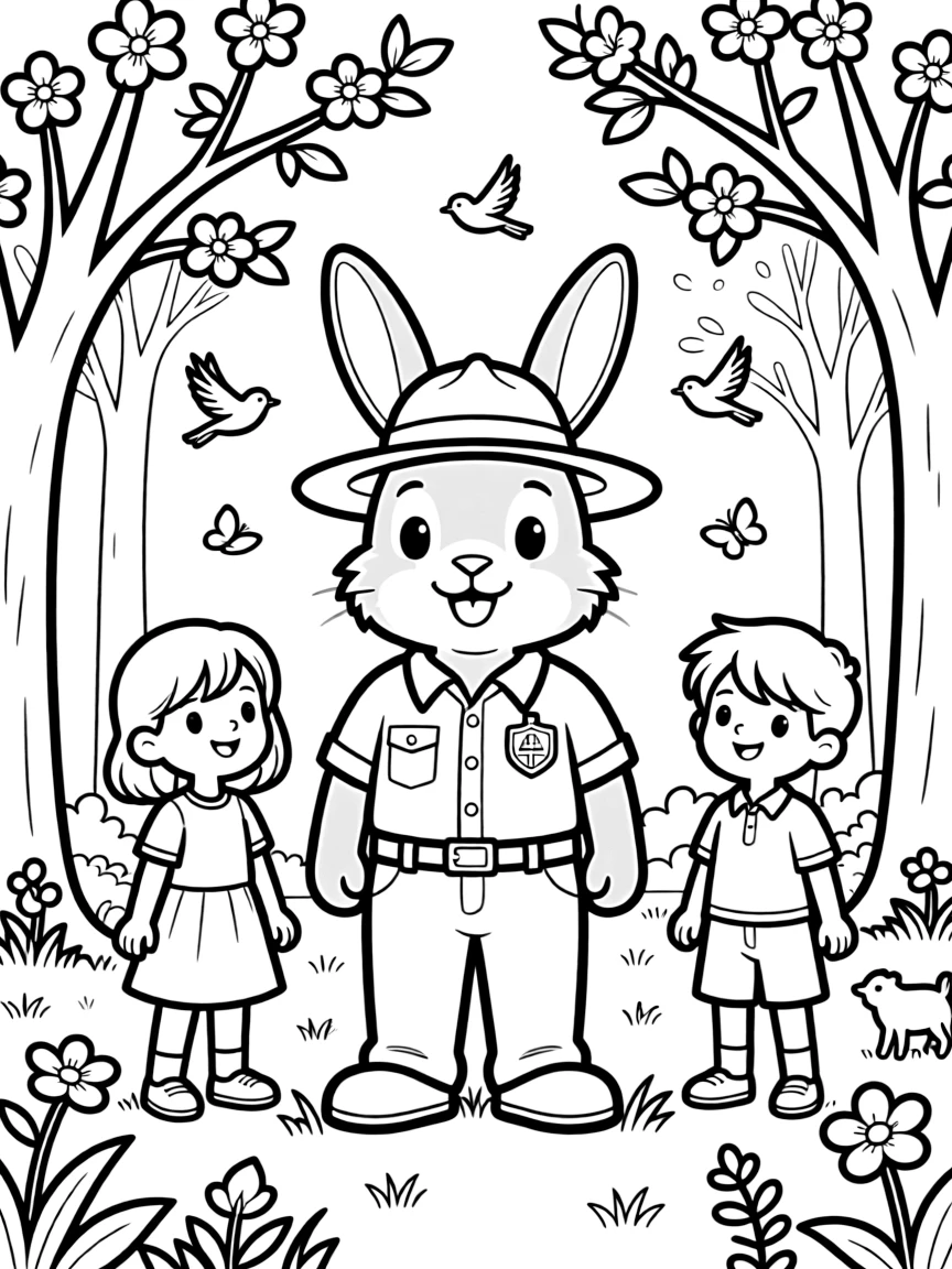 A bunny park ranger guiding visitors through a spring forest