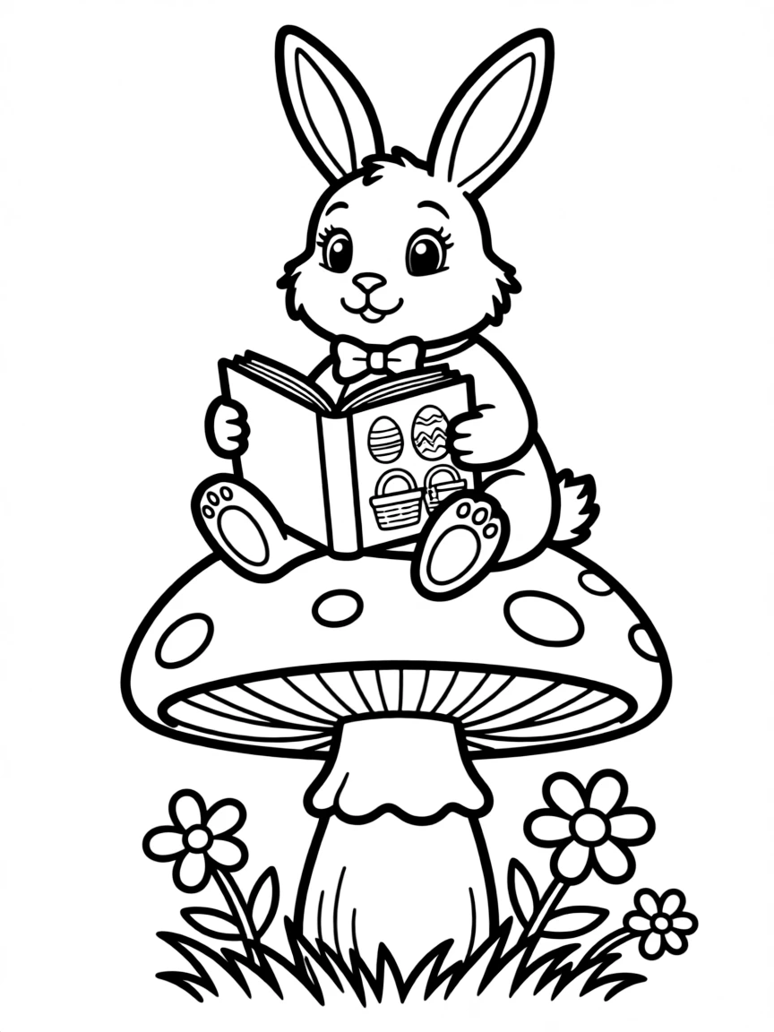A bunny sitting on a mushroom reading a book about Easter traditions