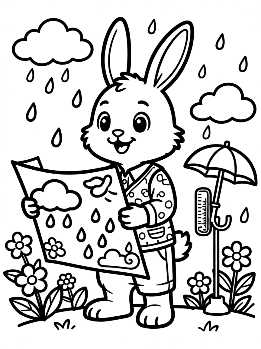 A bunny weather forecaster predicting spring showers