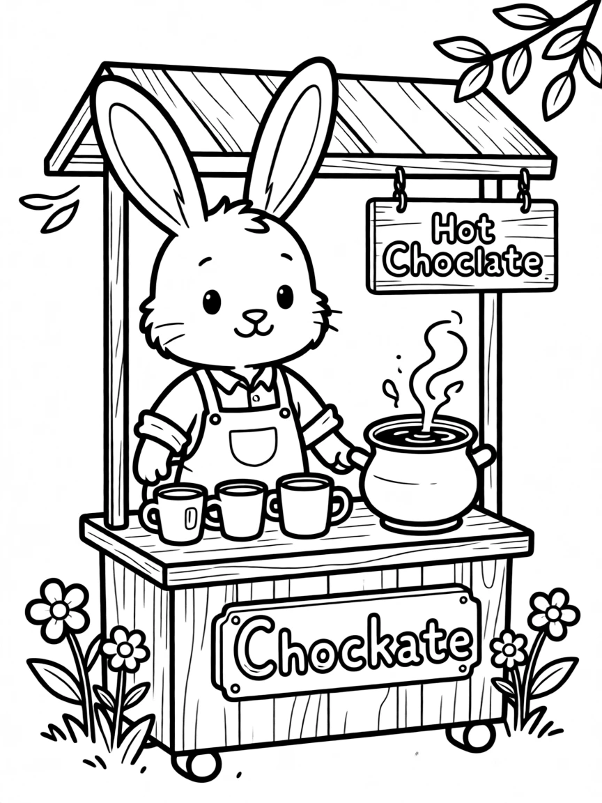 A bunny operating a hot chocolate stand for cool spring mornings