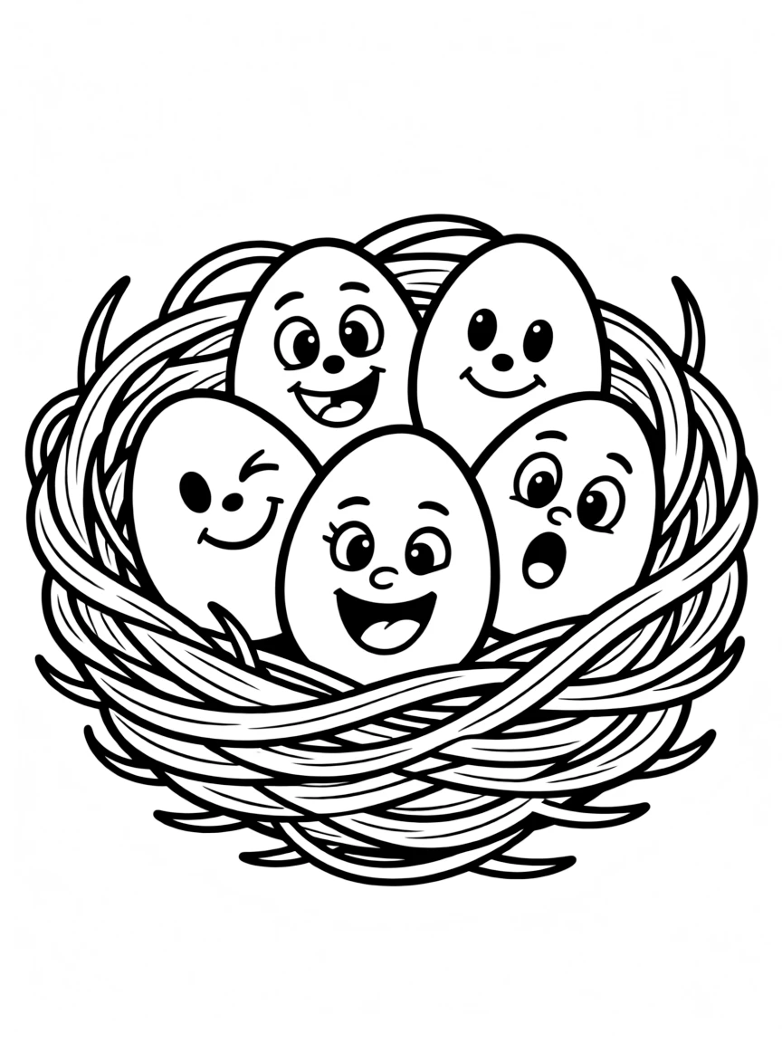 A nest of Easter eggs with different faces and expressions