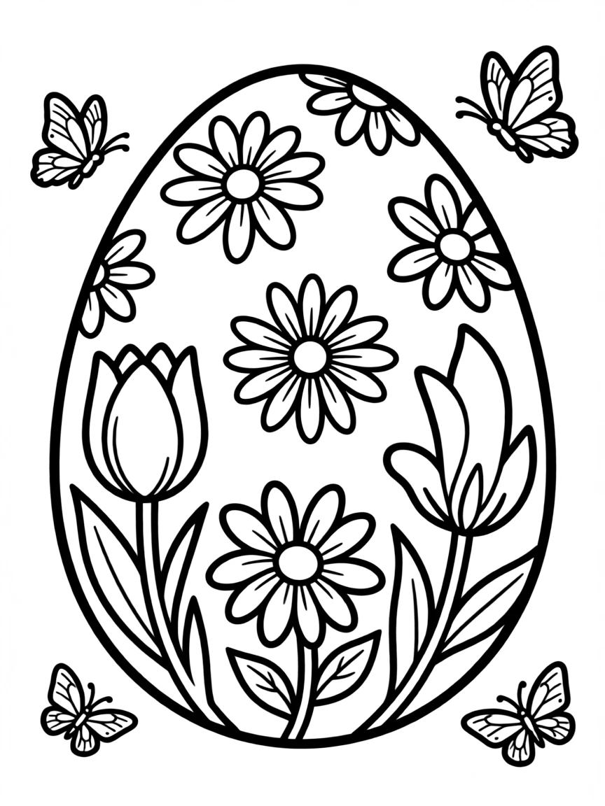 An Easter egg decorated with spring flowers and butterflies