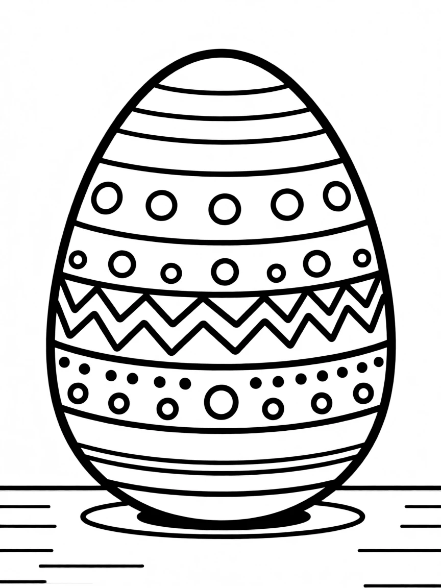 An Easter egg painted with stripes, dots, and zigzag patterns