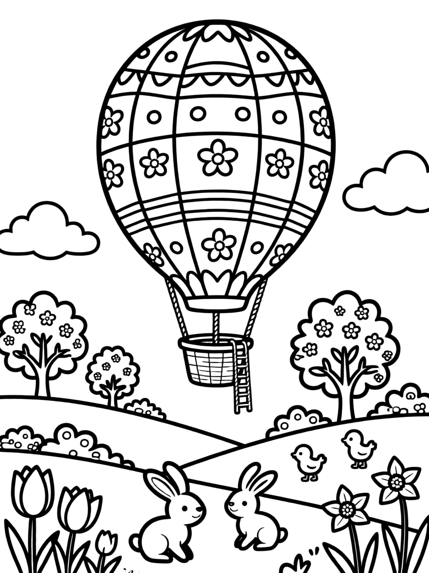 An Easter egg hot air balloon floating over a spring landscape