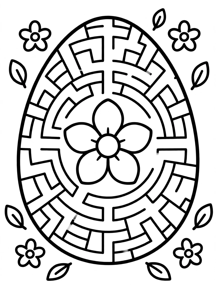 An Easter egg with a maze pattern leading to a central flower