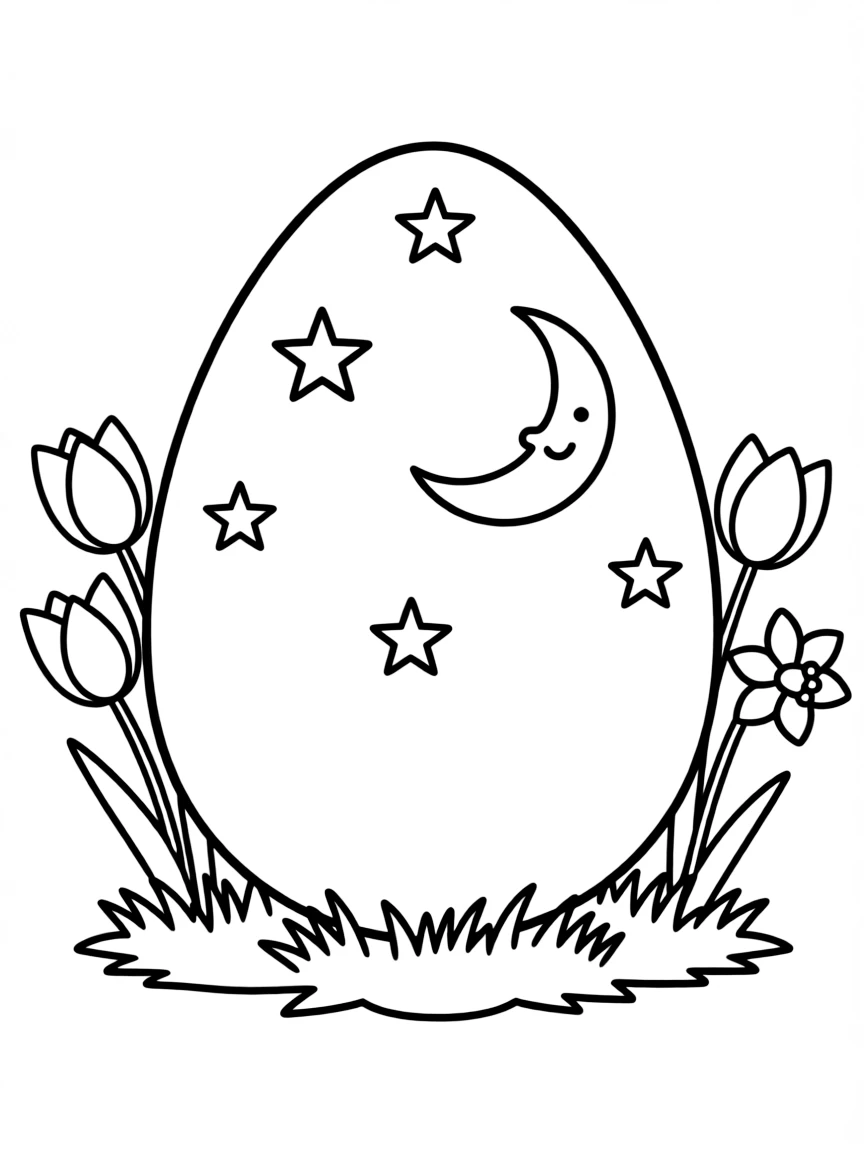 An Easter egg with a nighttime scene of stars and moon
