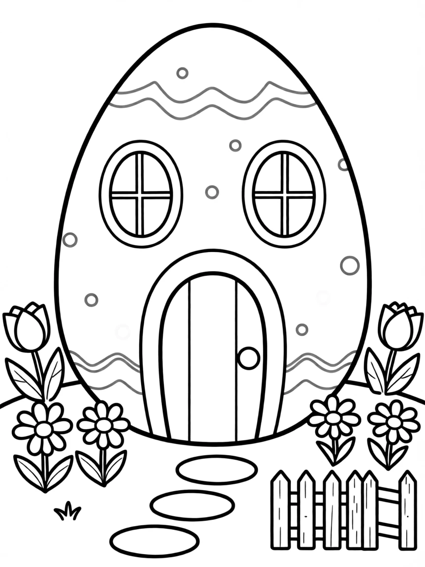 An Easter egg house with windows, doors, and a garden