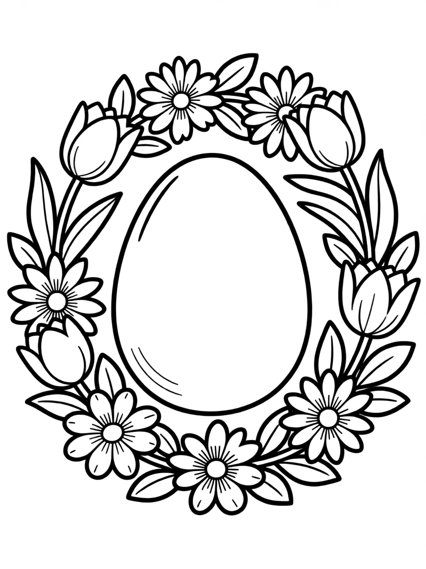 An Easter egg with a wreath of spring flowers around the middle