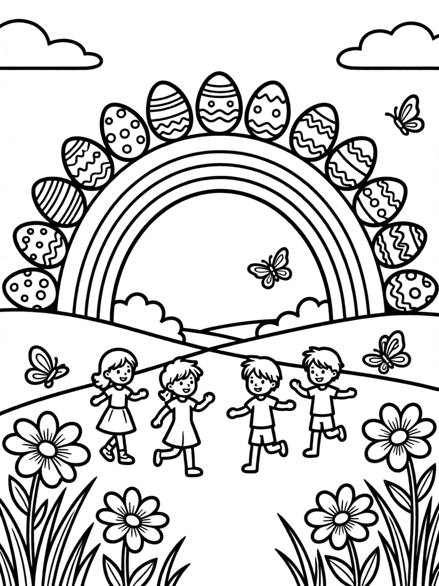 Easter eggs arranged to form a rainbow arch over a spring scene