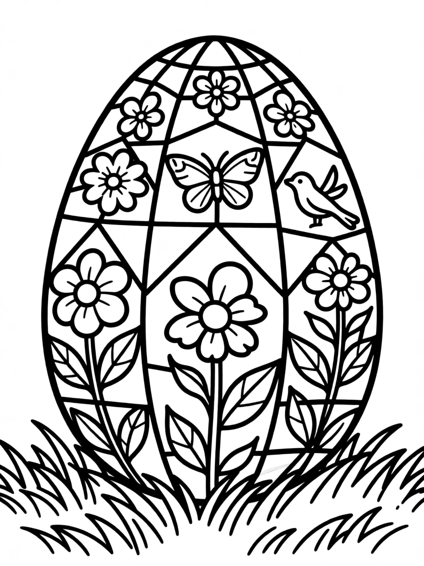 An Easter egg with a stained glass pattern of spring images