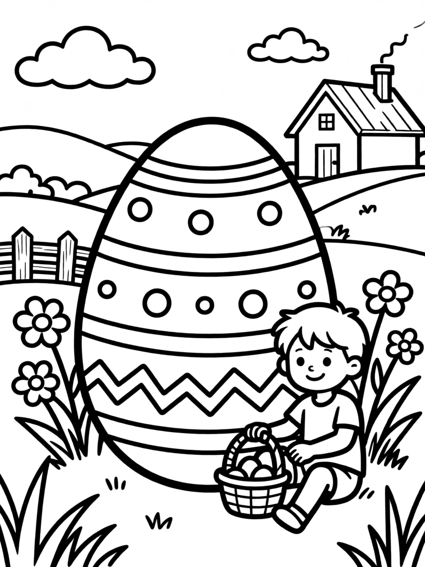 An Easter egg with a countryside scene painted around it