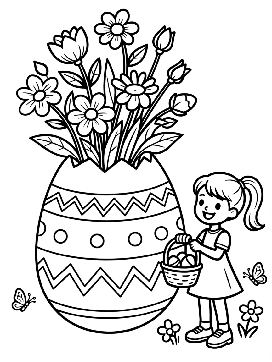 An Easter egg with a floral garden growing out of the top
