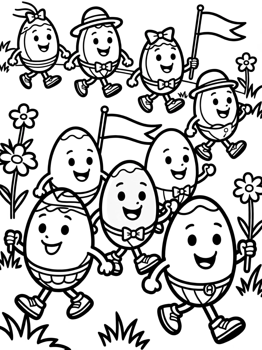 A parade of Easter eggs with legs and arms marching along