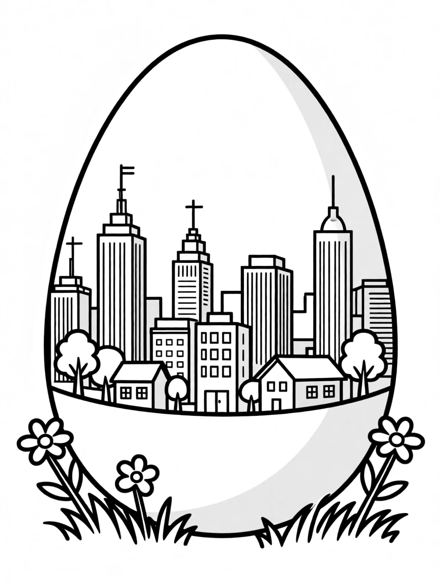 An Easter egg with a city skyline wrapped around it