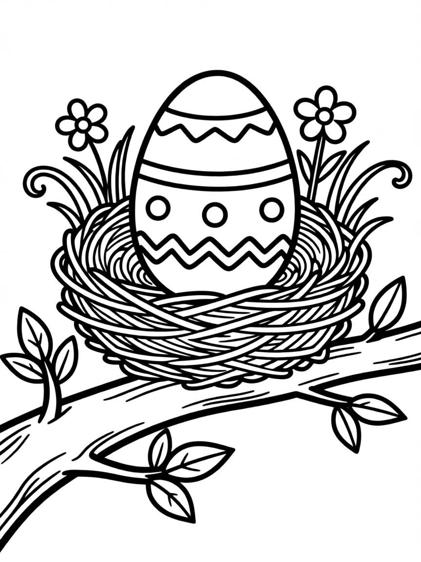 An Easter egg nestled in a bird's nest with spring decorations