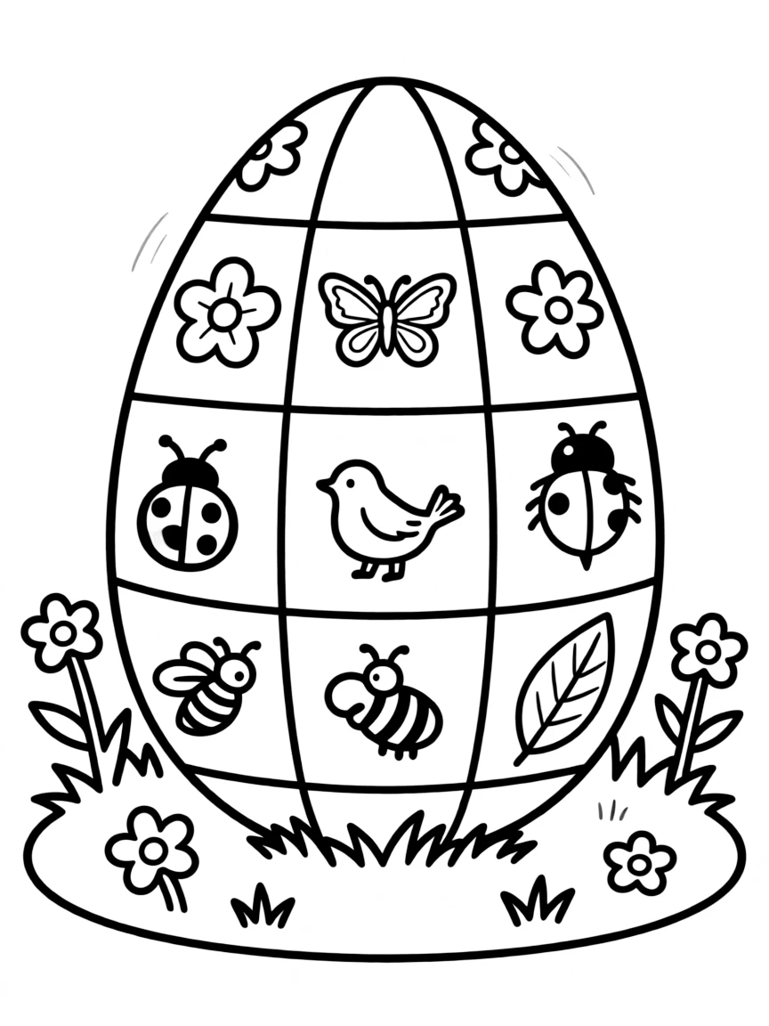 An Easter egg with a quilt pattern of spring symbols