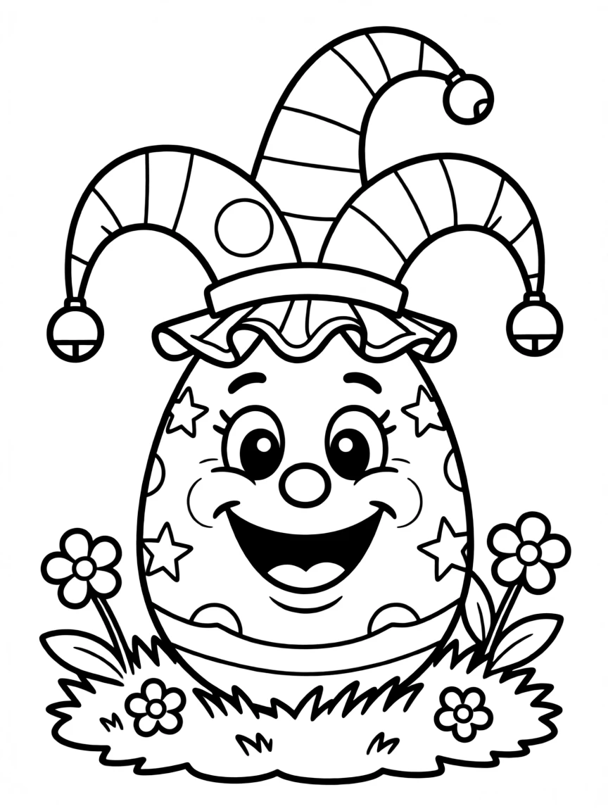 An Easter egg with a jester hat and a playful face