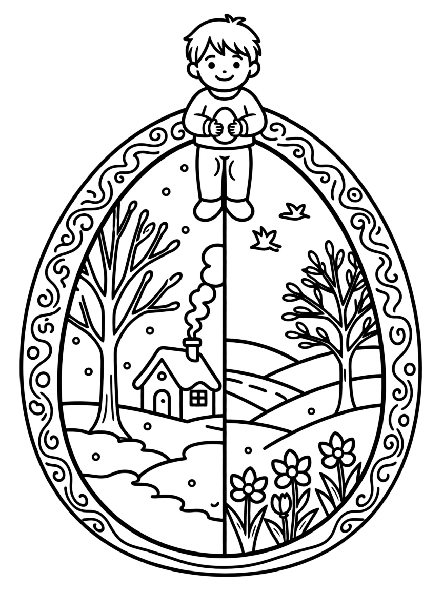 An Easter egg with a winter scene transitioning to spring