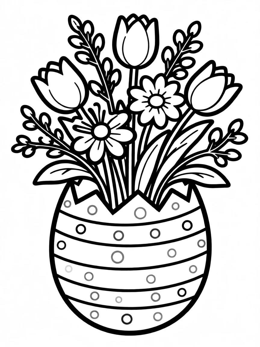An Easter egg with a bouquet of flowers bursting from it