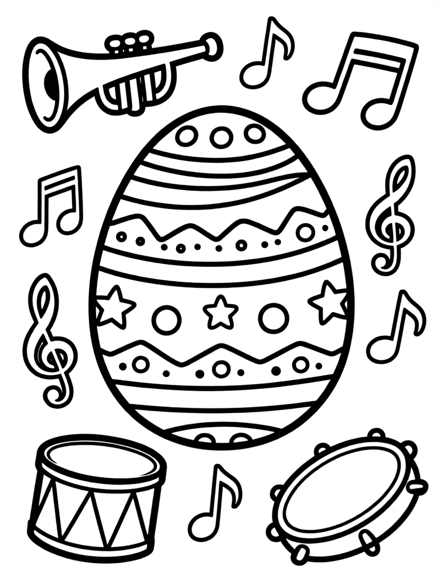 An Easter egg with musical notes and instruments