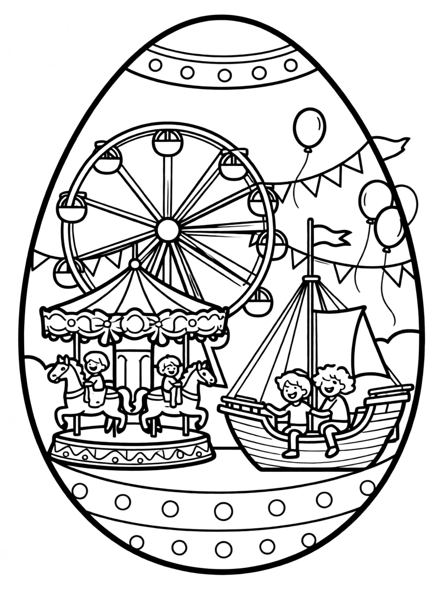 An Easter egg with a carnival scene complete with rides