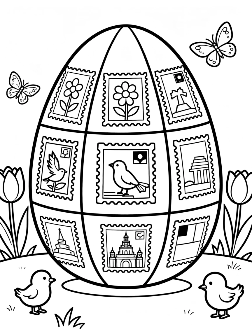 An Easter egg with postal stamps from different countries