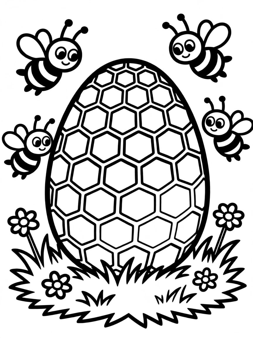 An Easter egg with a beehive and buzzing bees around it
