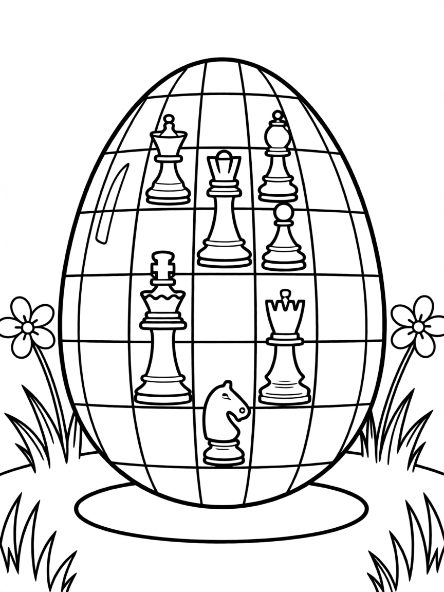 An Easter egg with a chessboard pattern and pieces
