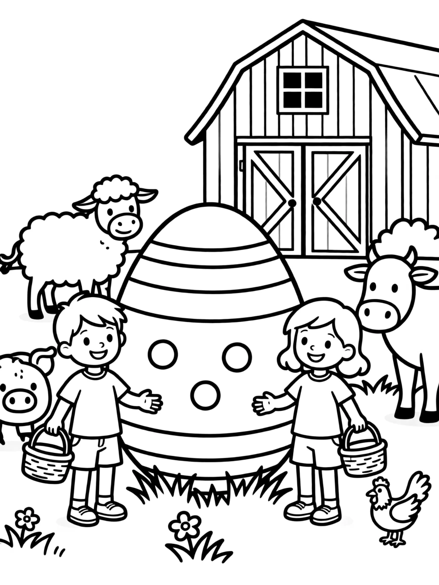 An Easter egg with a farmyard scene of animals and barn