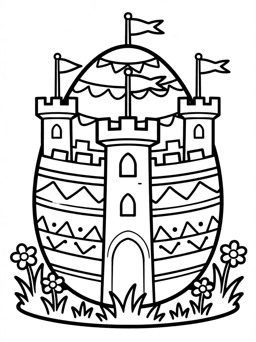 An Easter egg with medieval castle turrets and flags