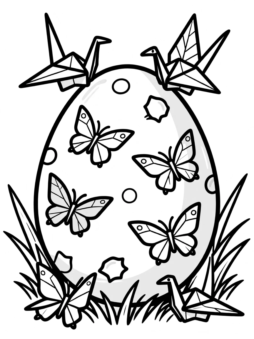 An Easter egg with origami birds and butterflies
