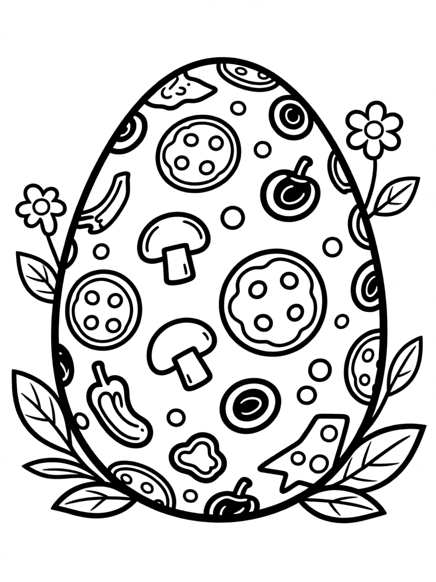 An Easter egg with pizzeria toppings arranged in patterns