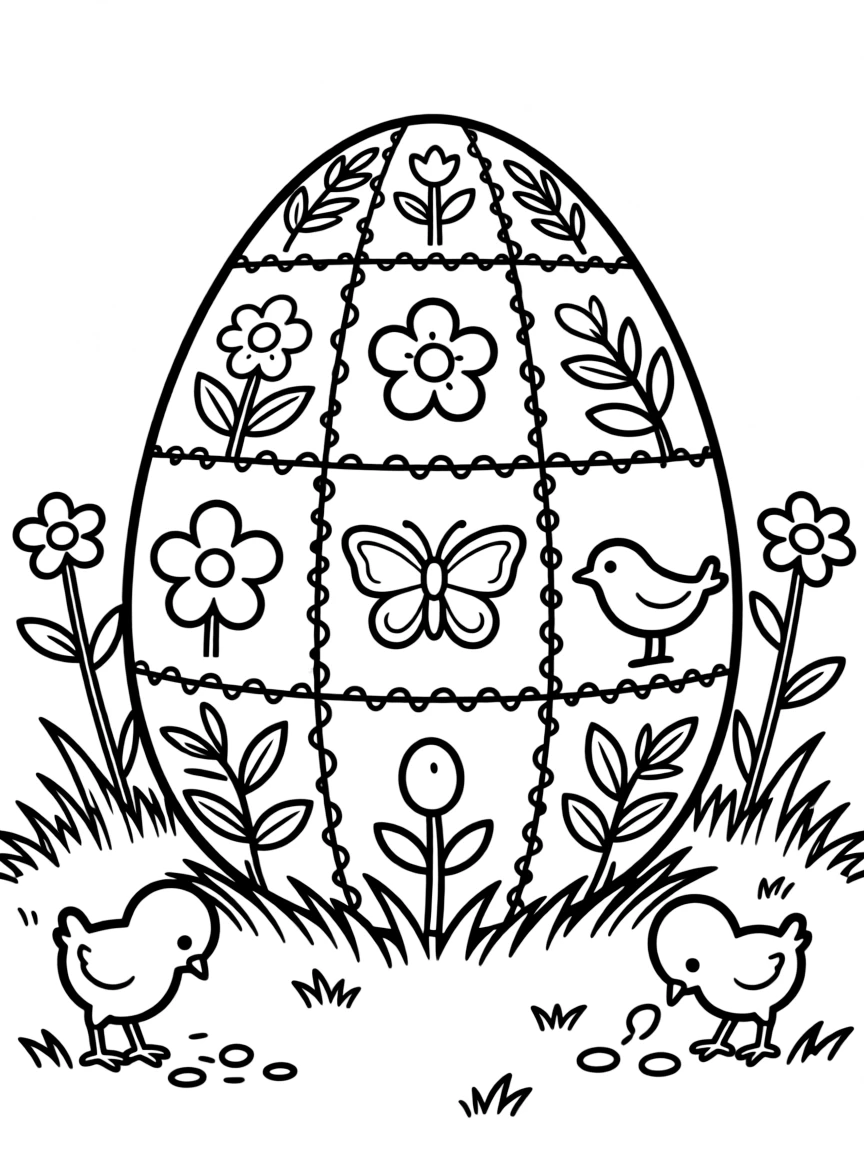 An Easter egg with a quilt of spring patterns and colors