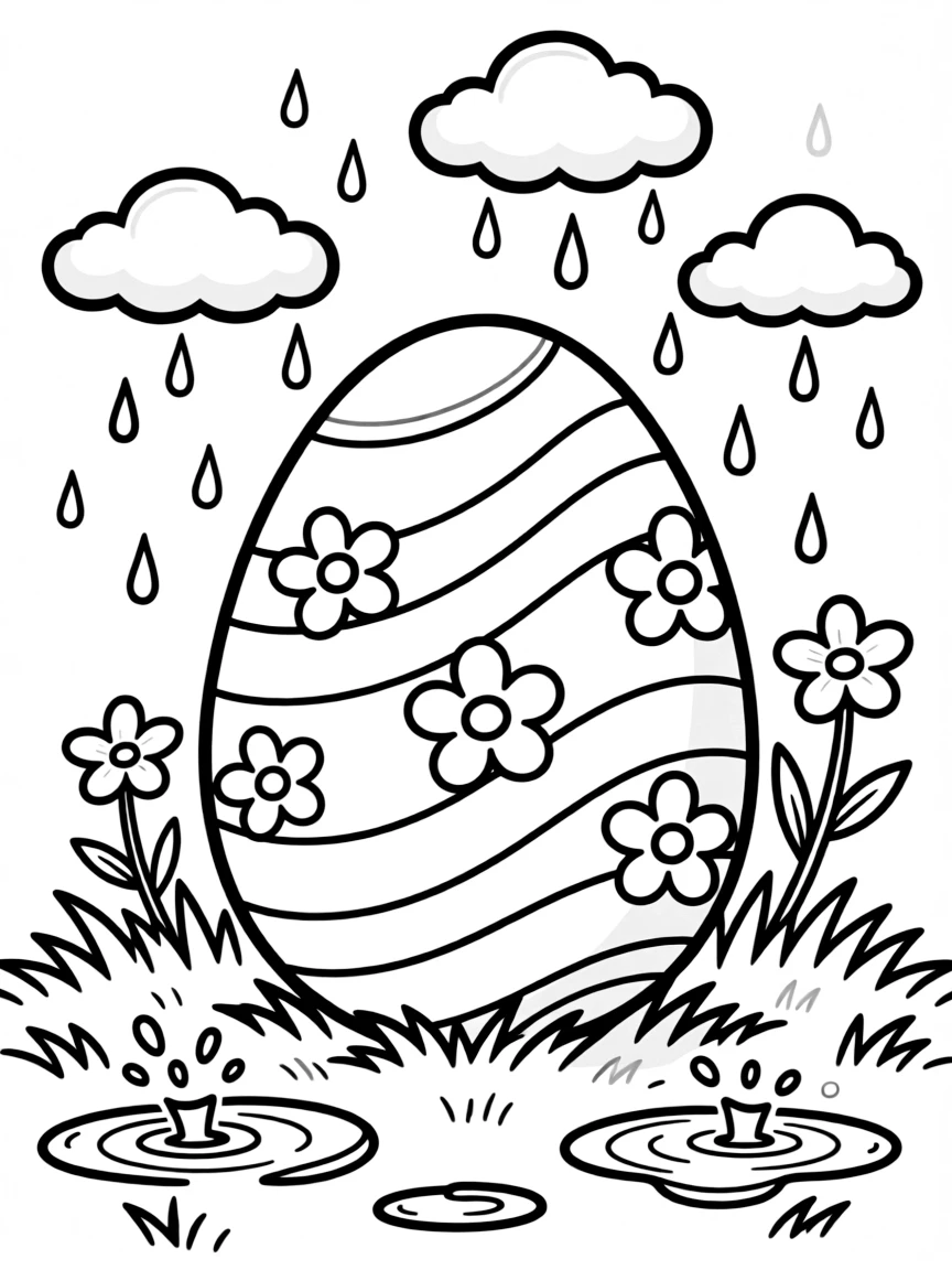 An Easter egg with raindrops and puddles in a spring shower