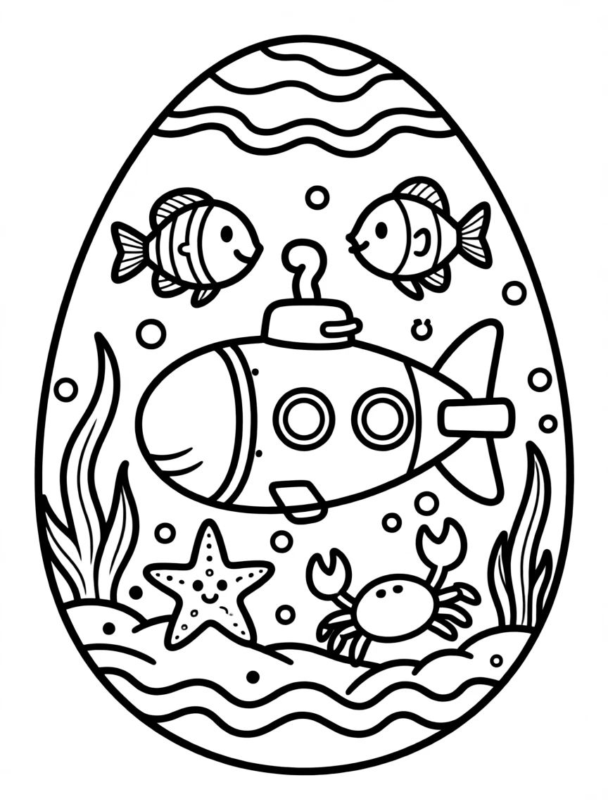 An Easter egg with a submarine and underwater creatures