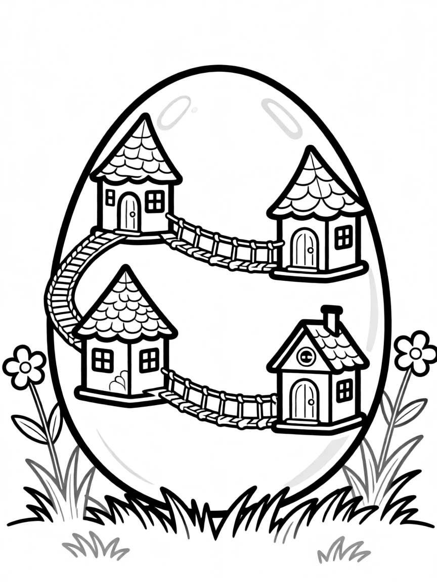 An Easter egg with tiny tree houses and rope bridges