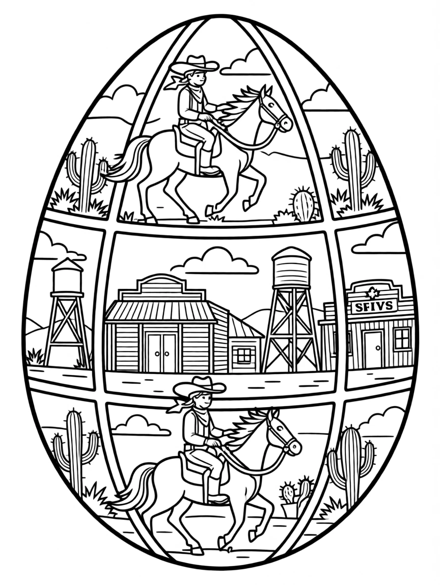 An Easter egg with wild western scenes and cowboys