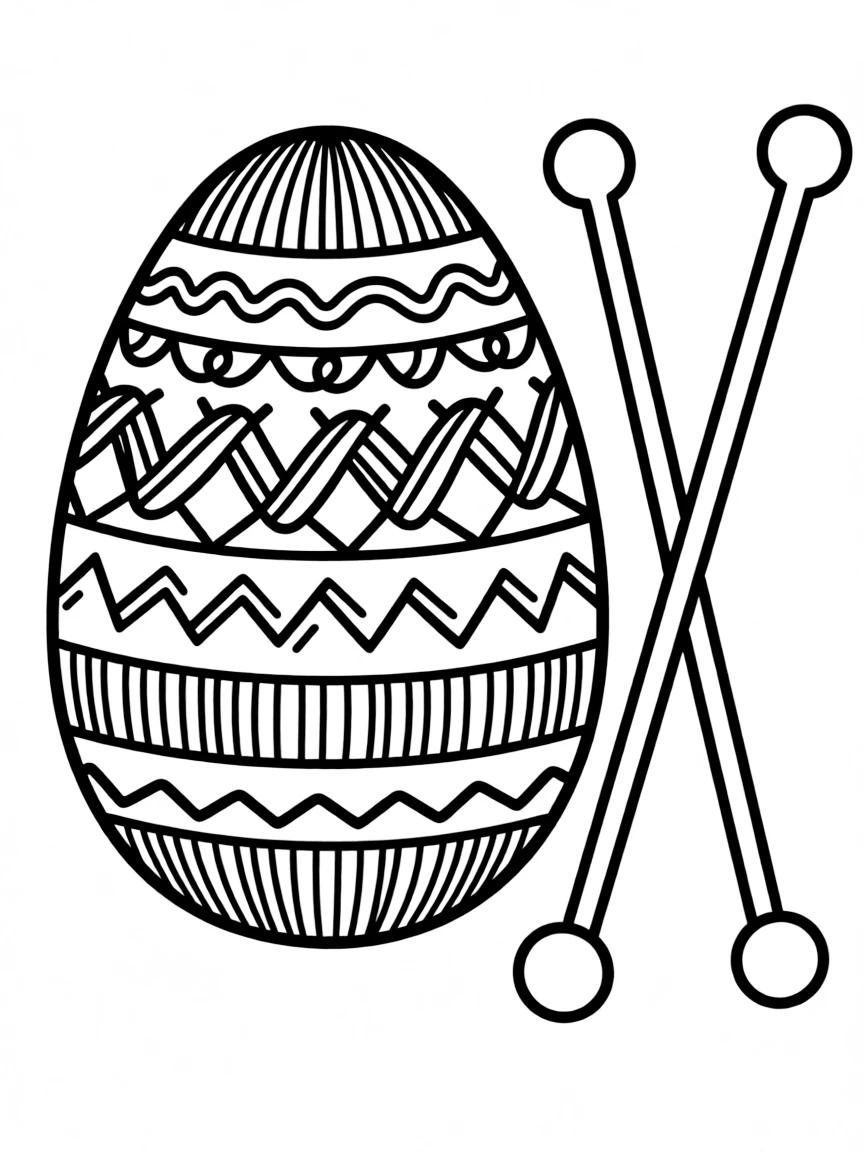 An Easter egg with yarn patterns and knitting needles