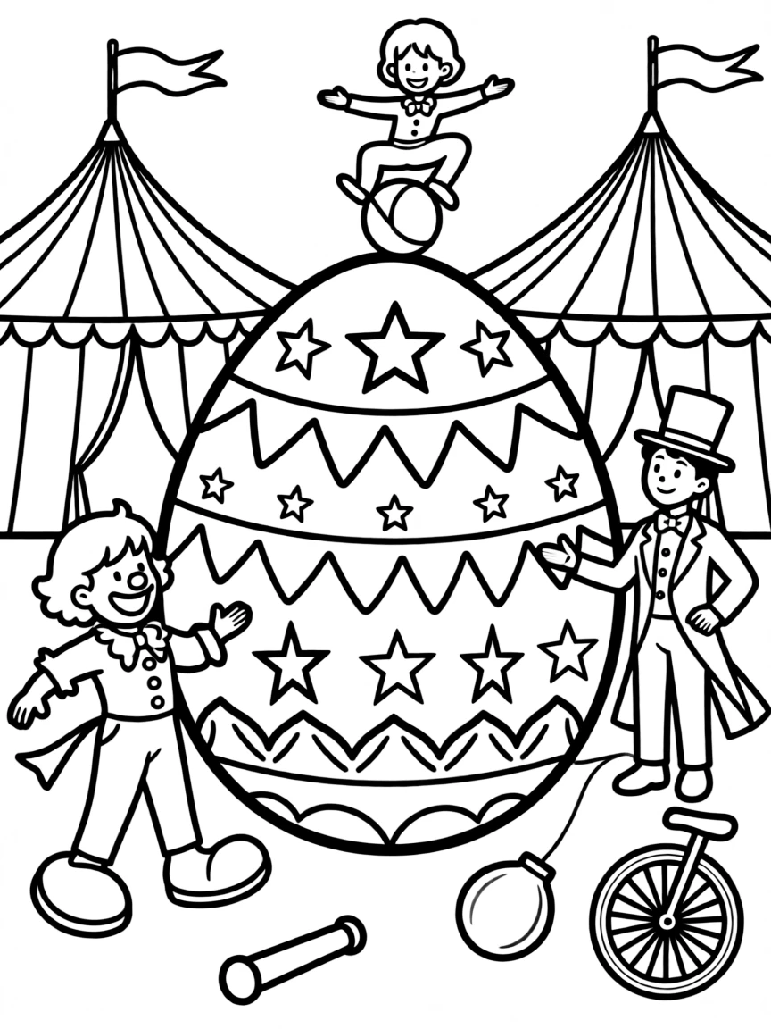 An Easter egg with circus performers and big top tents