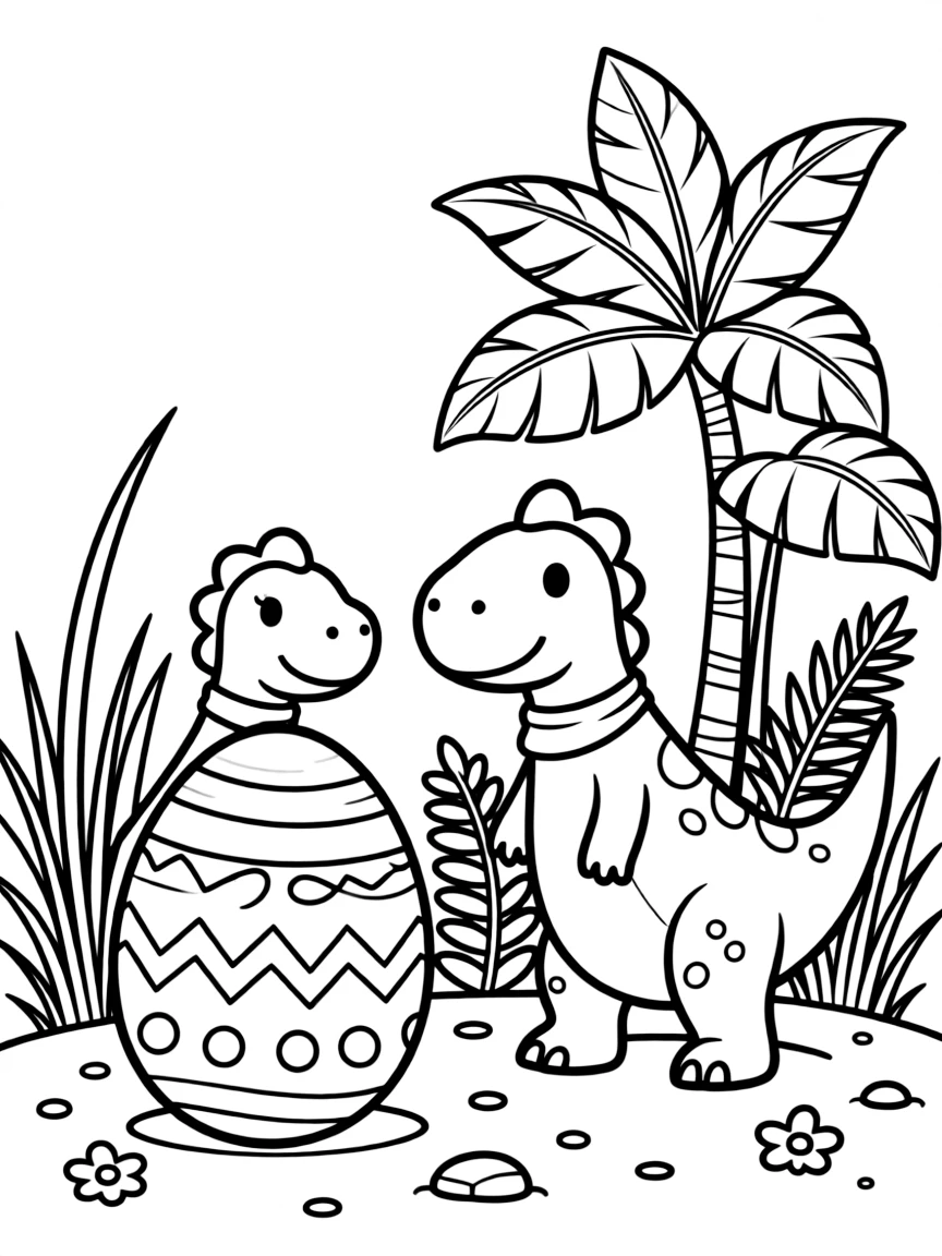 An Easter egg with dinosaurs and prehistoric plants