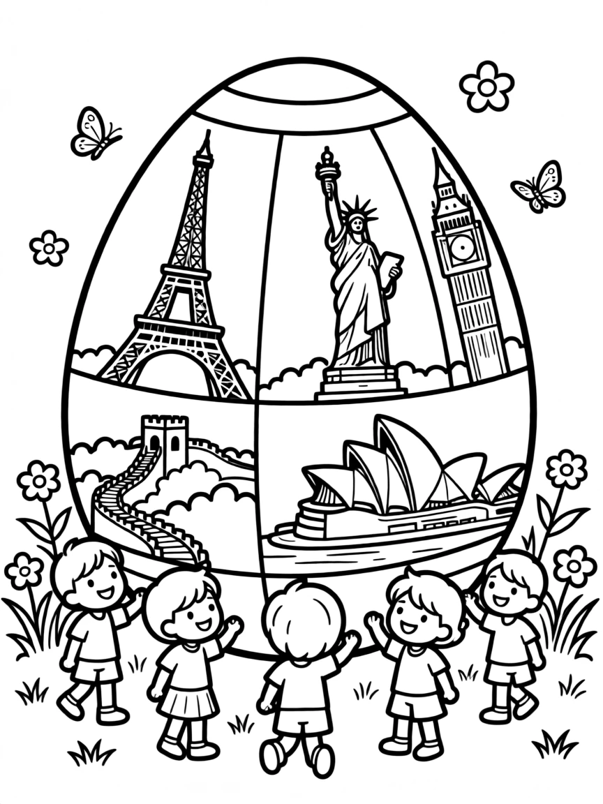 An Easter egg with famous landmarks from around the world