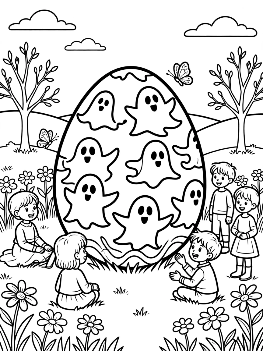 An Easter egg with ghost stories illustrated in spring settings