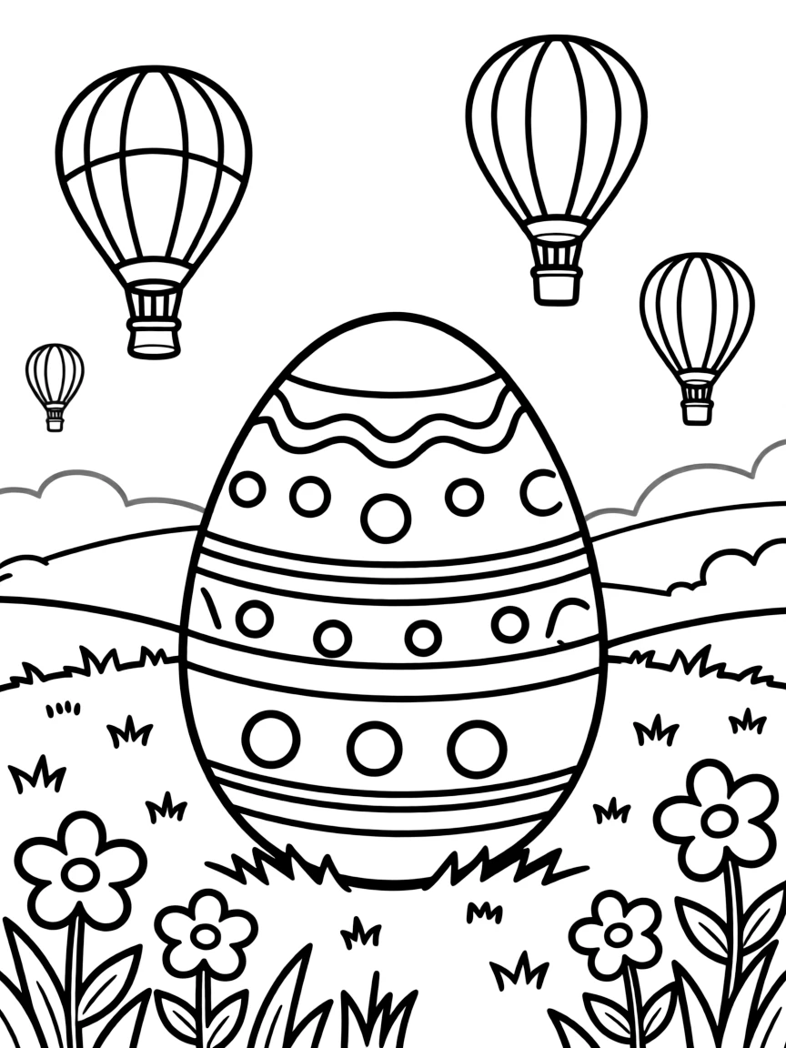 An Easter egg with hot air balloons floating over fields